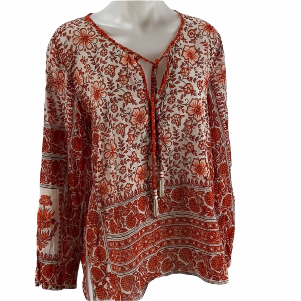 Calypso St. Barth Cream and Rust Floral Tie-Front Blouse